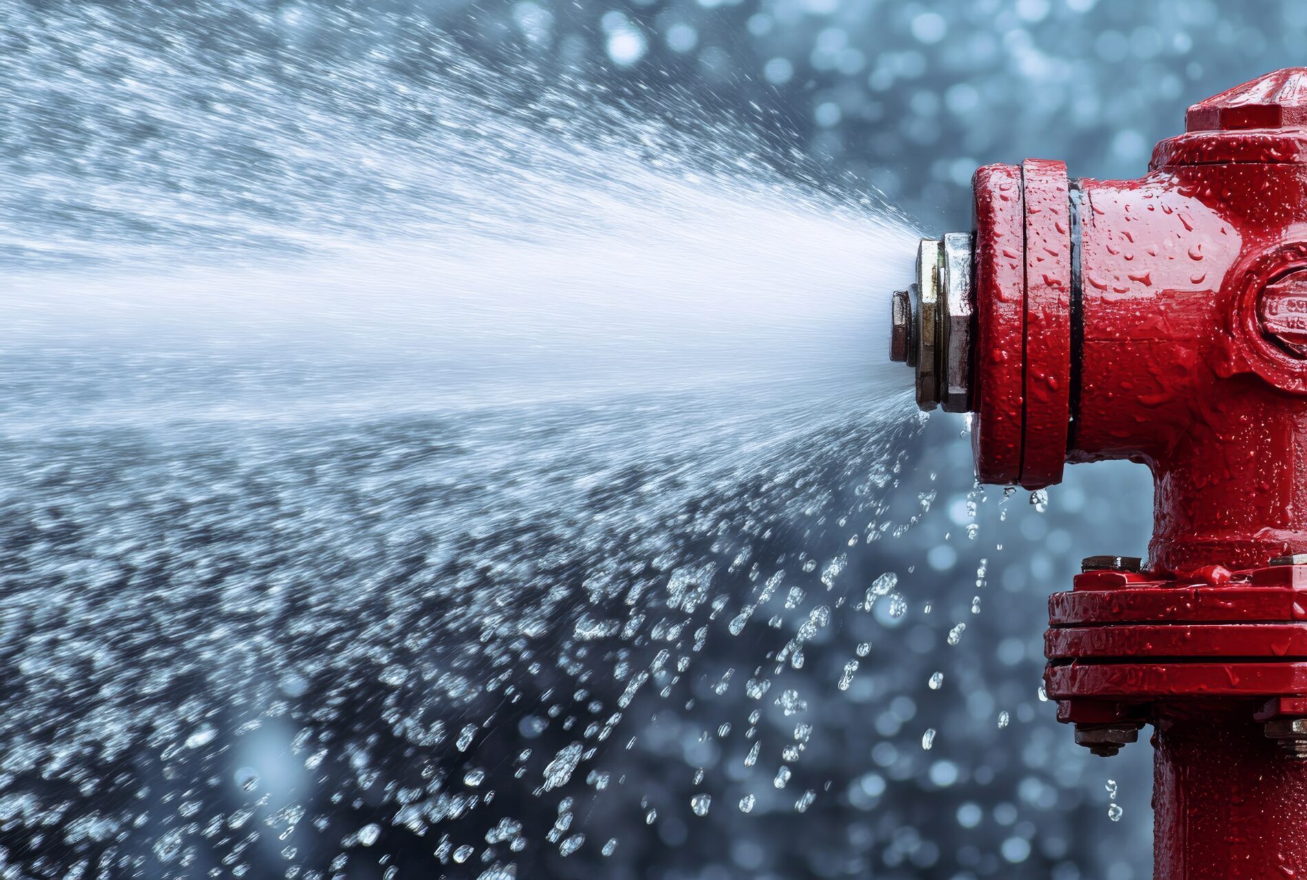 fire hydrant in operation with fire hose engaged for firefighting efforts. the fire hydrant supplies water as a firefighter activates it, directing water to combat the active fire.